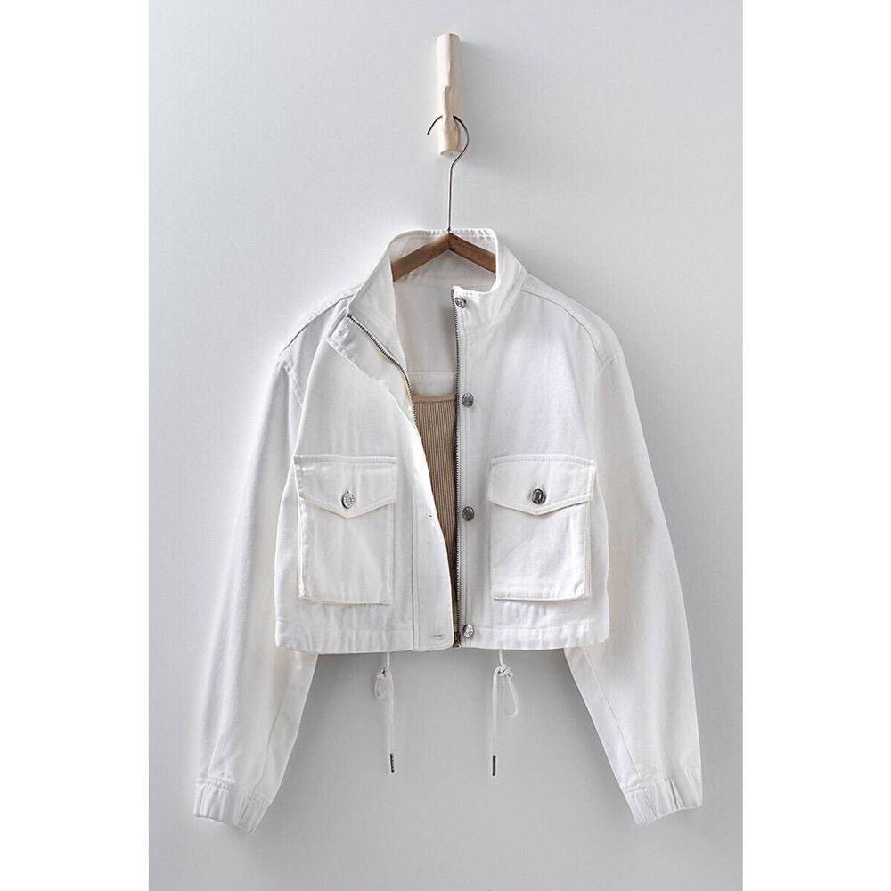 Urban Daizy White Utility Cropped Drawstring Hem Stand Collar Denim Jacket